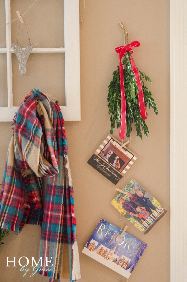 diy christmas card display, target plaid merona scarf, boxwood