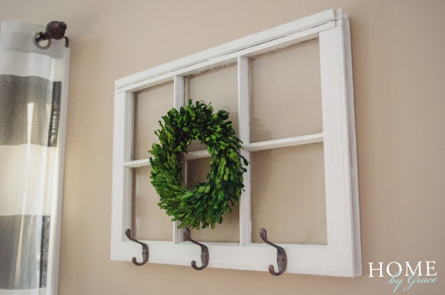 vintage white window wall hooks with boxwood wreath